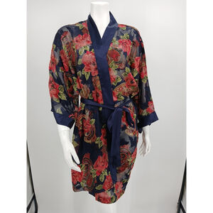 Vintage Victoria’s Secret Floral Paisley Kimono Robe Navy Satin Trim L/XL
